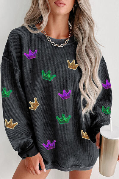 Crown Sequin Round Neck Sweatshirt