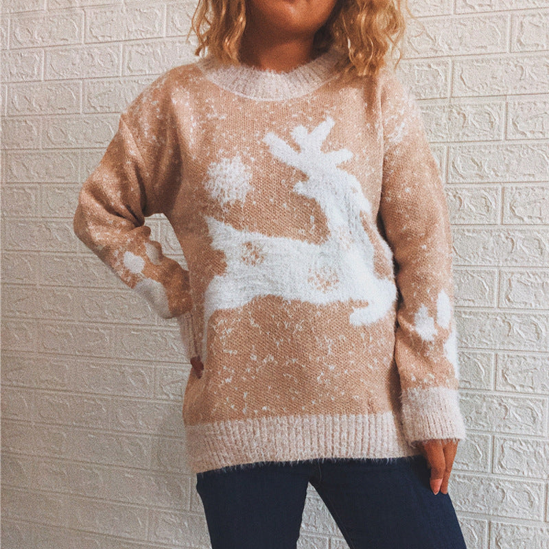 New Fawn Snowflake Round Neck Knitted Pullover - 4KsApparels