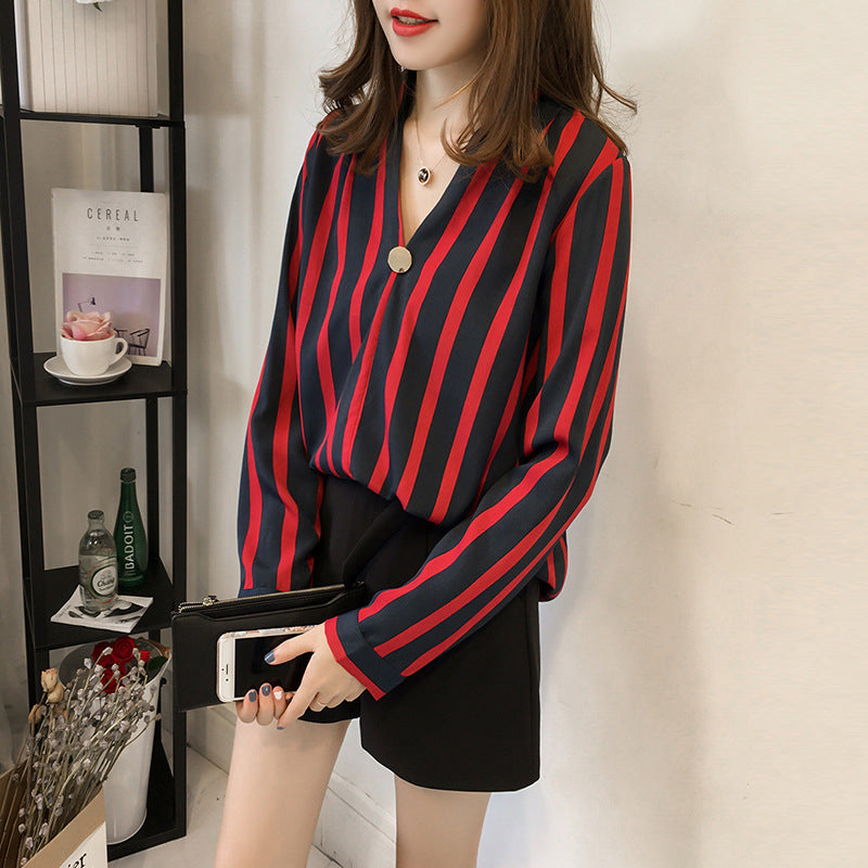 Striped chiffon shirt ladies fashion shirt