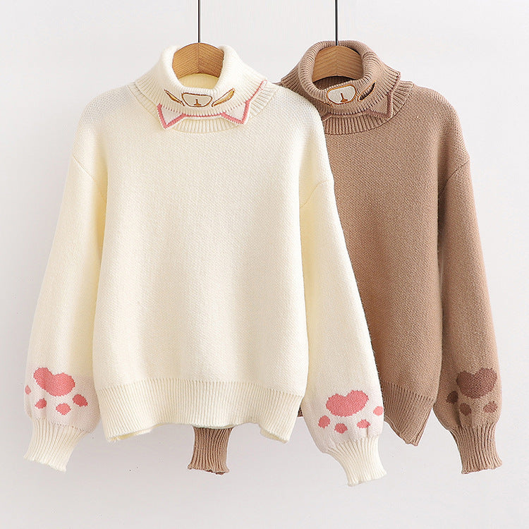 Women's Autumn Half Turtleneck Kitten Embroidered Knit Sweater - 4KsApparels