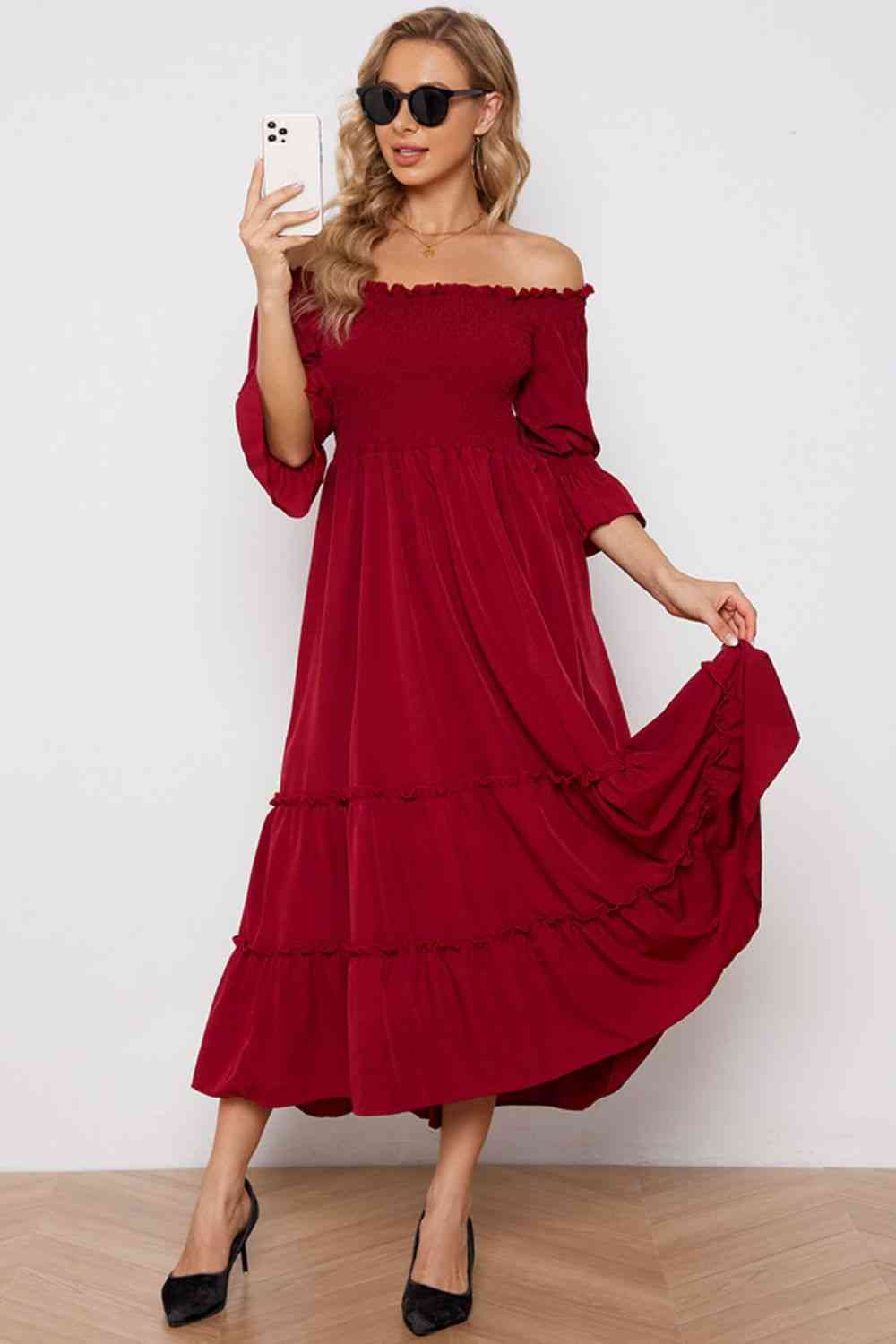 Off-Shoulder Flounce Sleeve Frill Trim Tiered Dress