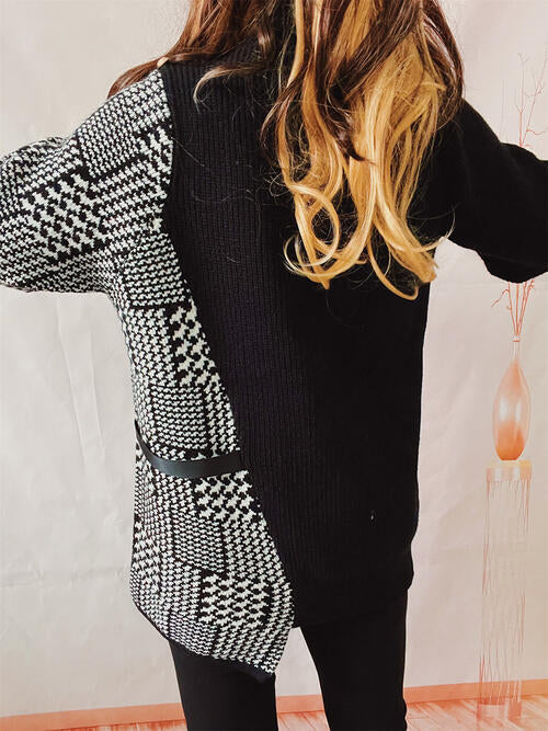 Houndstooth Turtleneck Long Sleeve Slit Sweater