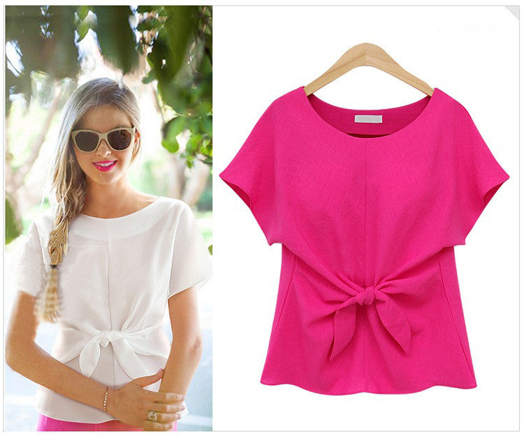 USA SIZE Round neck chiffon shirt short-sleeved T-shirt bow tie chiffon shirt