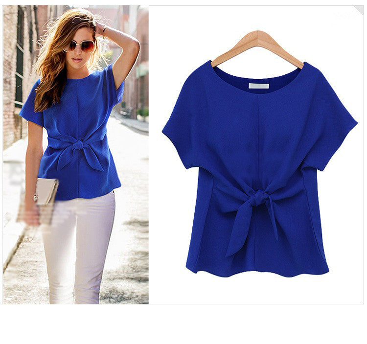 USA SIZE Round neck chiffon shirt short-sleeved T-shirt bow tie chiffon shirt