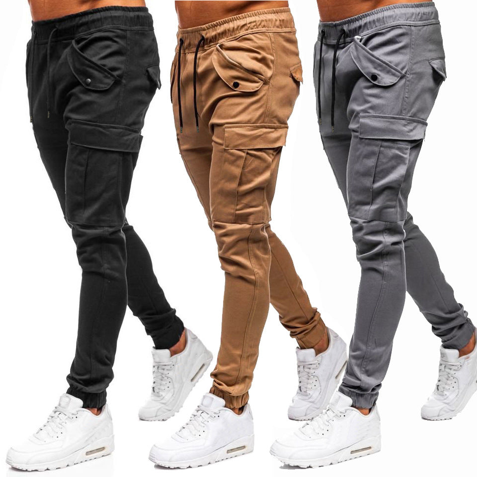 Solid Color Casual Sports Trousers With Flap Pockets