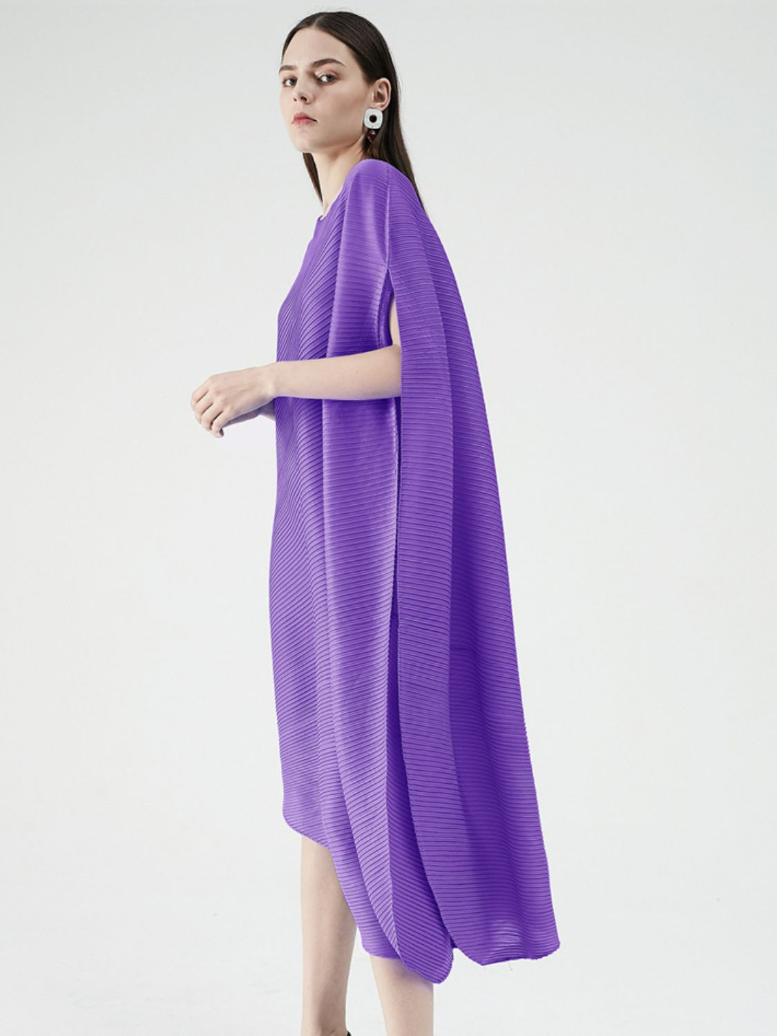 Accordion Pleated Round Neck Asymmetrical Hem Dress