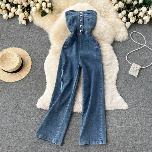 Hot Girl High Waist Denim Tube Top One Piece Wide Leg Pants Women Spring And Summer