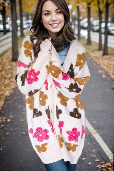 Flower Pattern Button Up Cardigan with Pockets