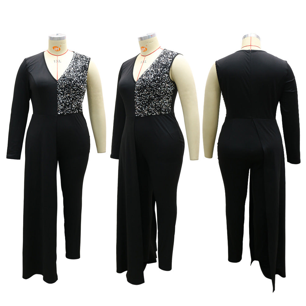 V-neck Sequin Covered Hip Plus Size Jumpsuit