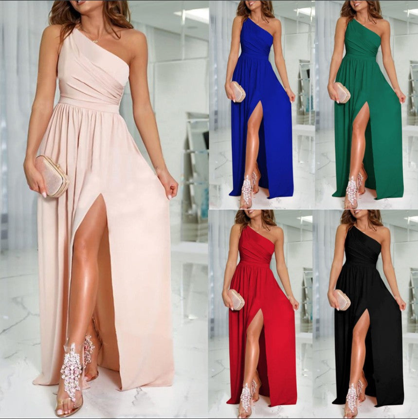 Solid Color One Shoulder Hollow-out Halter High Waist Slit Maxi Dress Women's Clothing