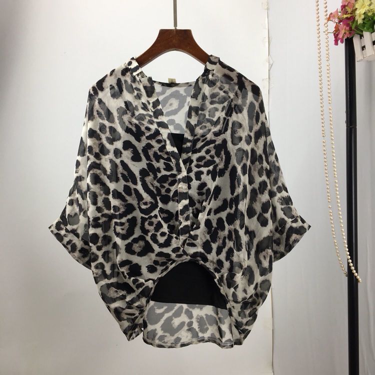 Seven-point Bat-sleeve Leopard-print Chiffon Shirt Summer Blouse Women