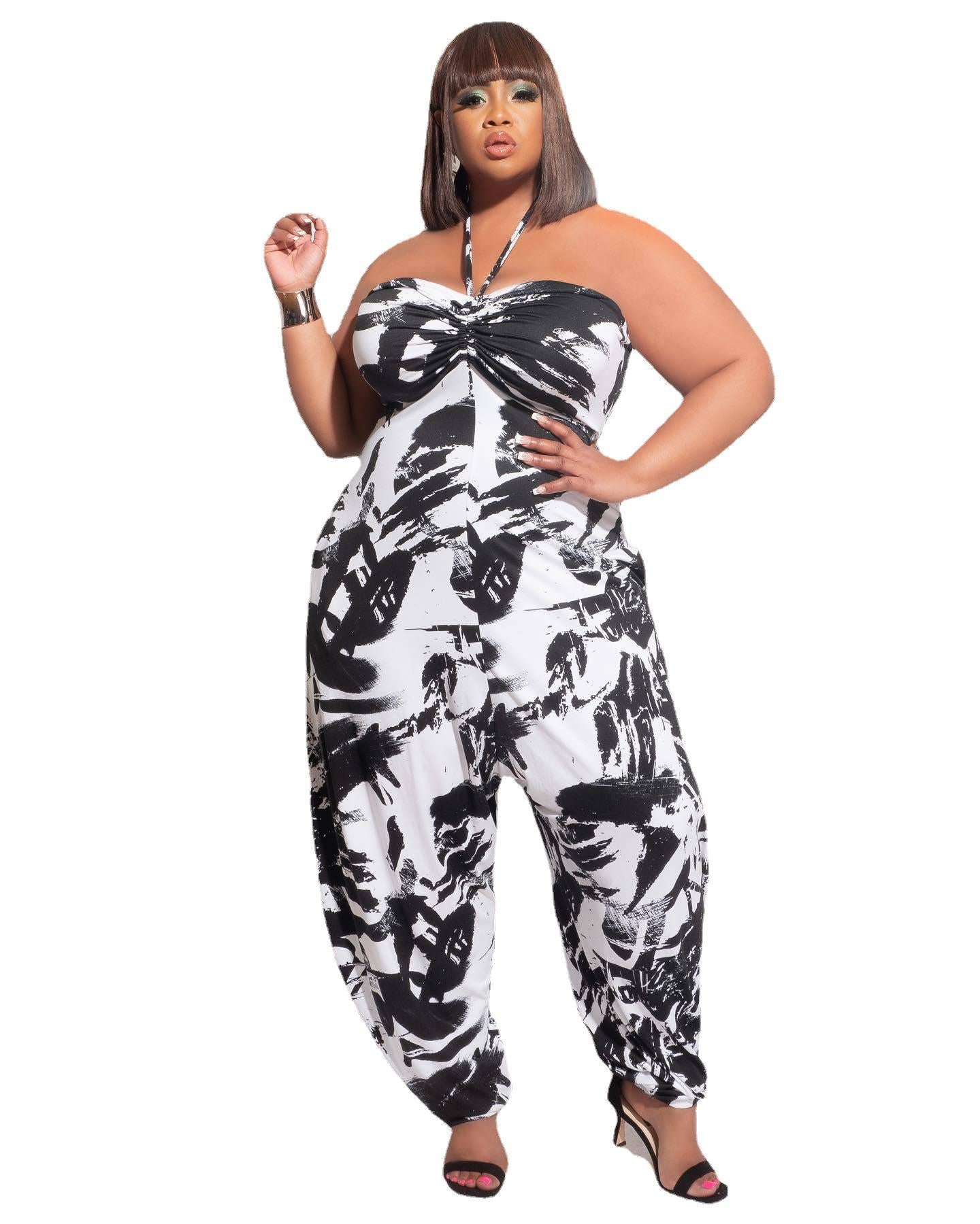 Plus Size Women's Halter Loose Lantern Sleeveless Print Jumpsuit