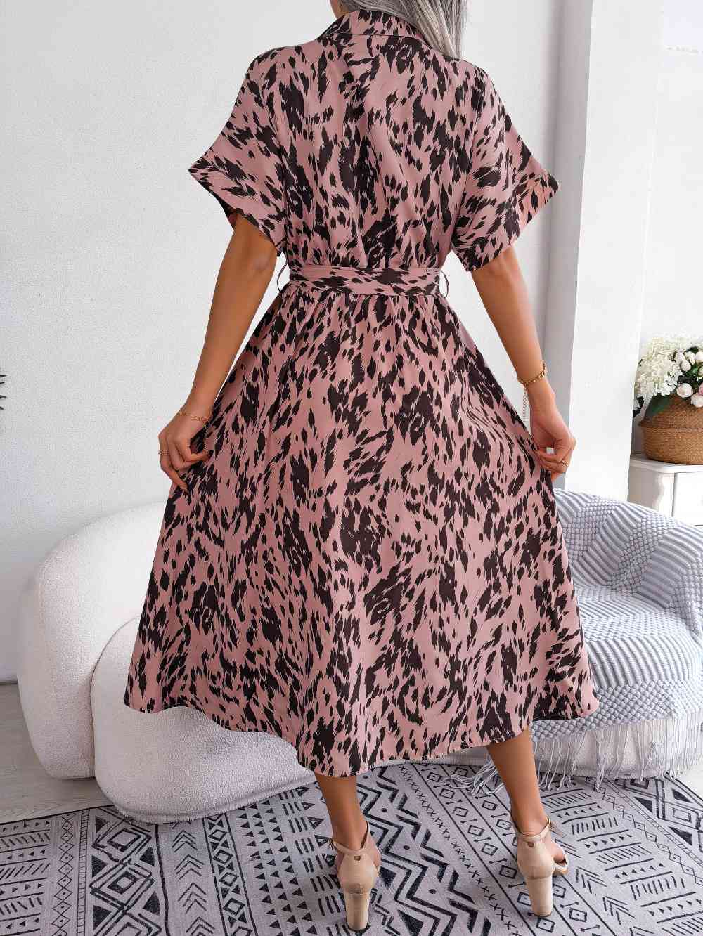 Printed Collared Neck Short Sleeve Tie Waist Dress