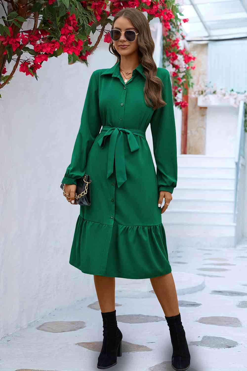 Long Sleeve Tie Waist Shirt Dress