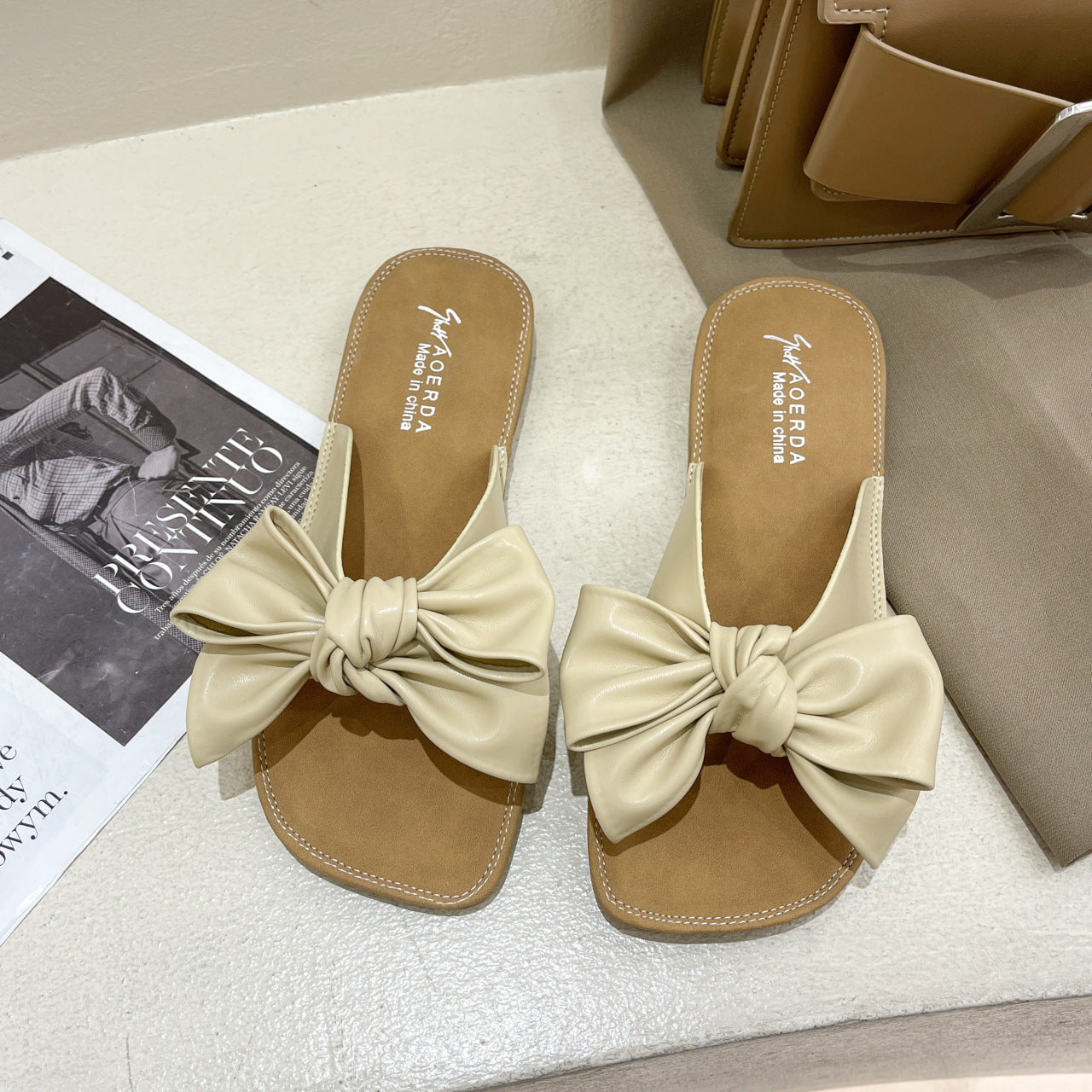 Outer Wear Women's Soft Bottom One Word Bow Slippers