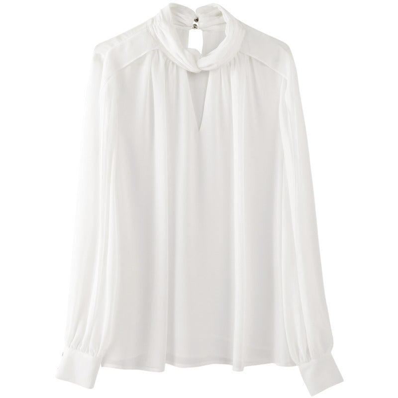 Women's See-through Pleated Long Sleeve Chiffon Shirt