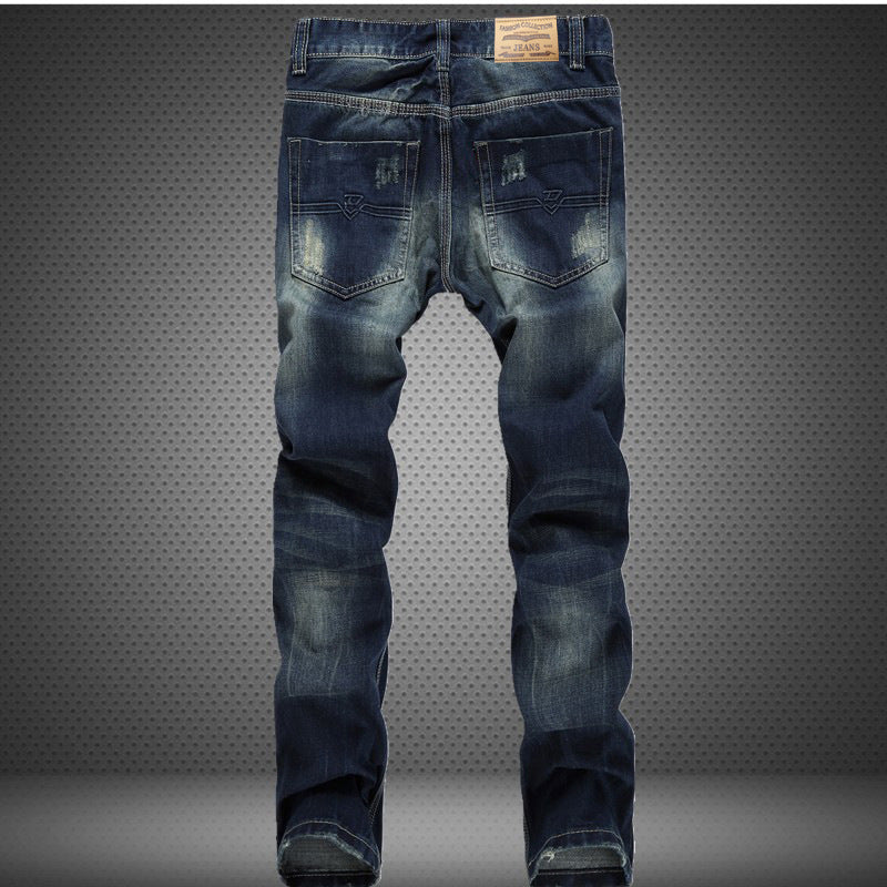 Men's Ripped Straight Leg Trousers European American Retro Washed Jeans