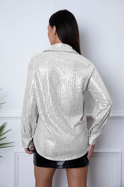 Sequin Collared Neck Long Sleeve Shirt