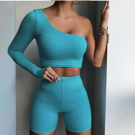 Pure Color Sexy One-shoulder Sports Yoga Two-piece Fashion Suit
