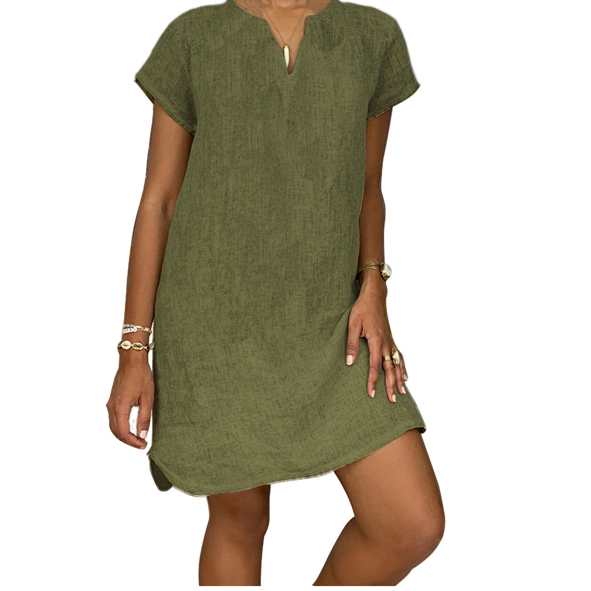 Summer Loose Solid Color Short-sleeved Collar Cotton And Linen Pullover Dress Women's Clothing