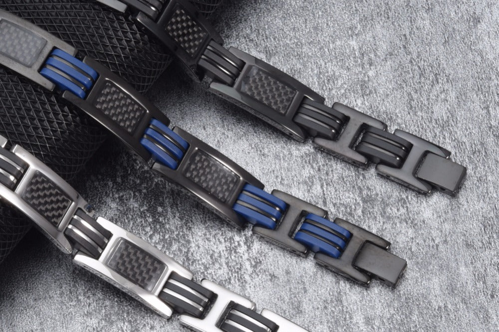 Black Magnetic Bracelet Men Stainless Steel Men Bracelet Hand Chain Blue Silicone Energy Germanium Hologram Bracelets