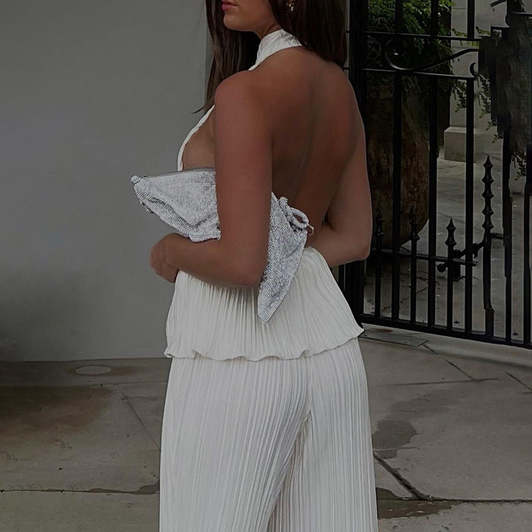 Backless Sleeveless Vest White Pleated High Waist Wide Leg Pants Suit