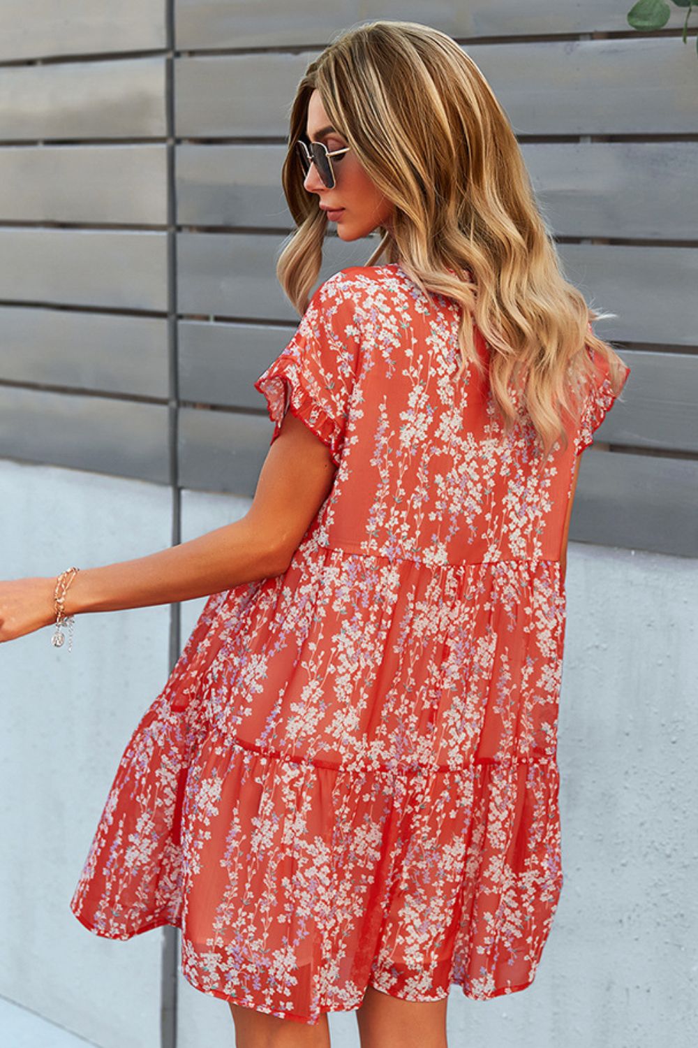 Printed V-Neck Short Sleeve Tiered Dress