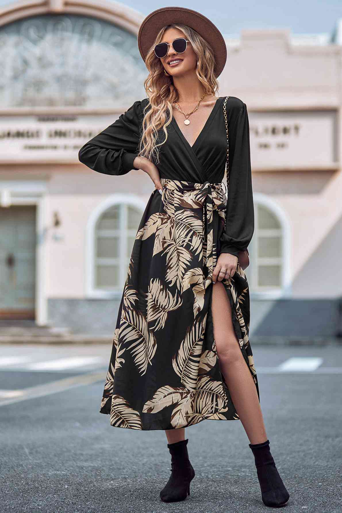 Printed Tie Waist Long Sleeve Dress