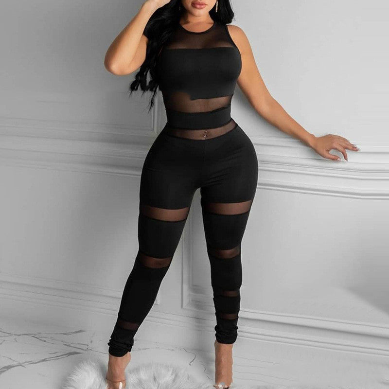 Women's New Arrival Black Mesh Stitching Jumpsuit