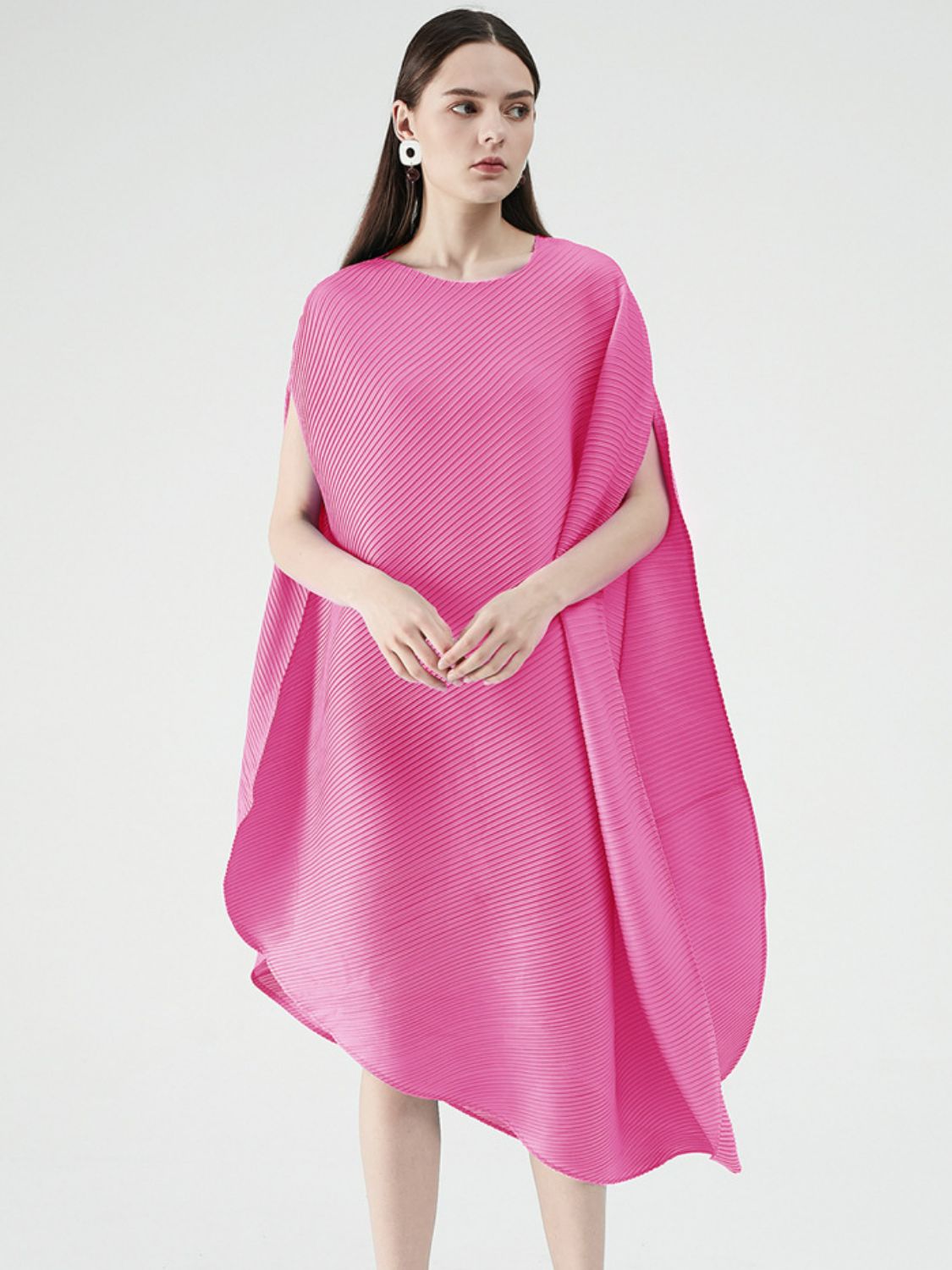 Accordion Pleated Round Neck Asymmetrical Hem Dress