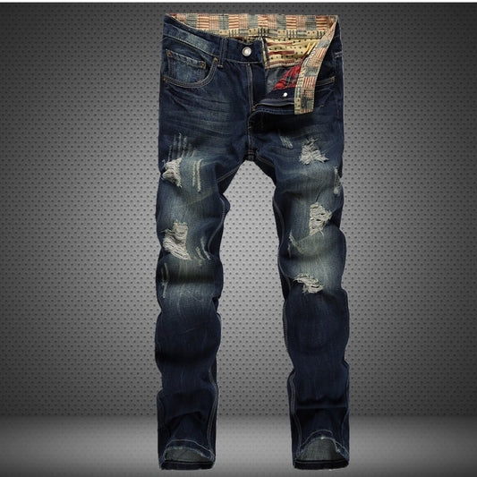 Men's Ripped Straight Leg Trousers European American Retro Washed Jeans