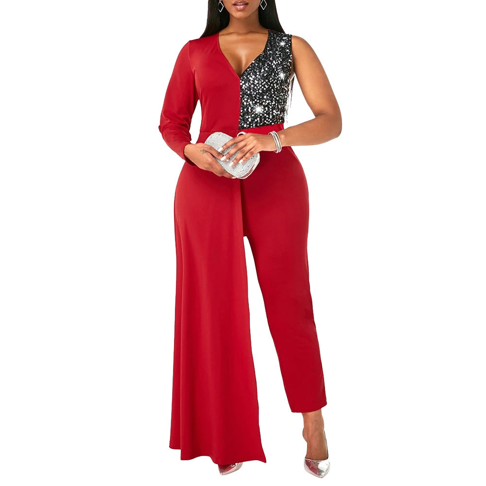 V-neck Sequin Covered Hip Plus Size Jumpsuit