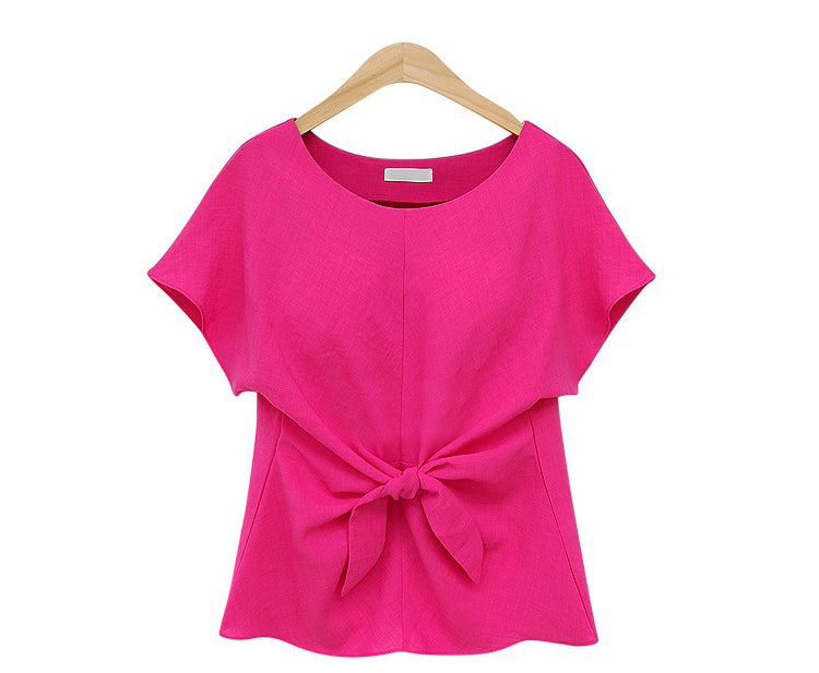 USA SIZE Round neck chiffon shirt short-sleeved T-shirt bow tie chiffon shirt