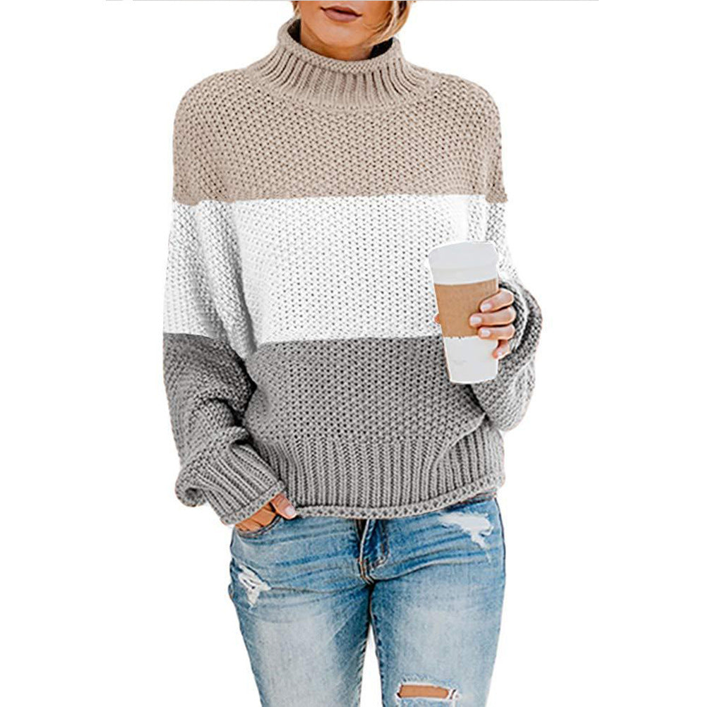 Thick line color matching high neck pullover