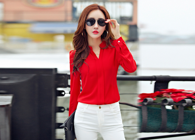 2021 autumn new women's shirt white shirt V-neck slim long-sleeved chiffon shirt