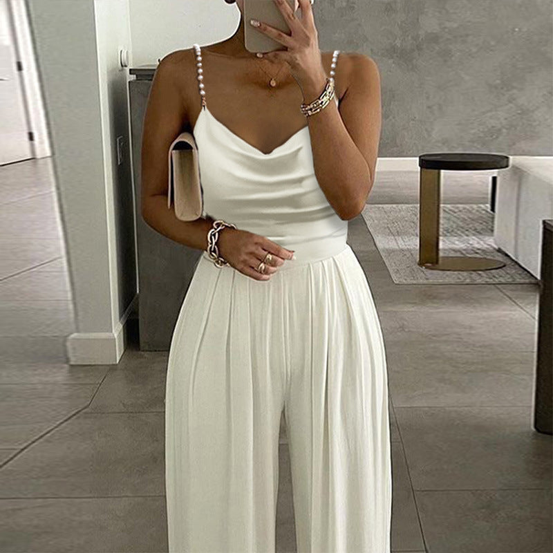 Wide Leg Sleeveless V-neck Halter Trousers Jumpsuit - 4KsApparels