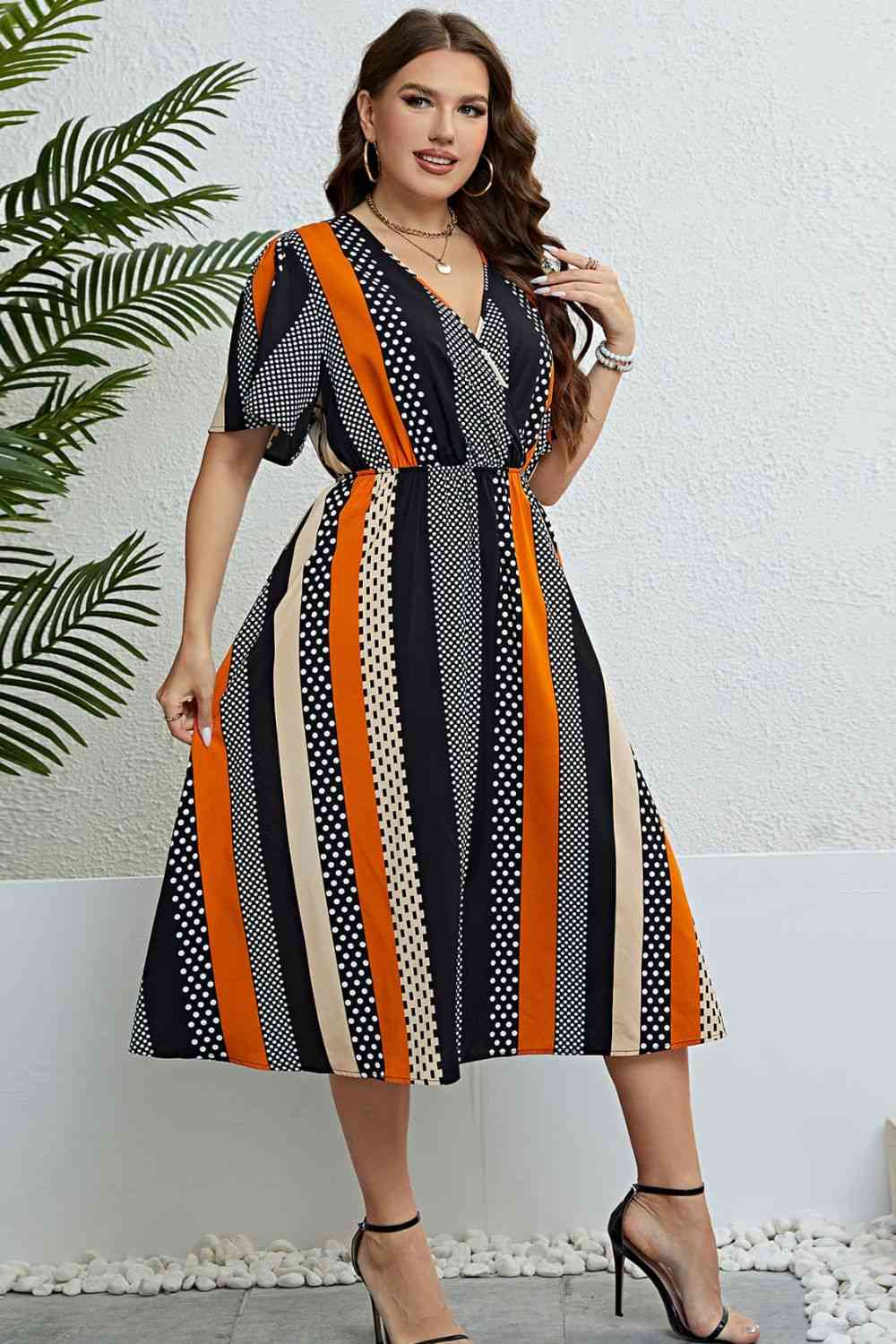 Mixed Print Striped Flutter Sleeve Dress