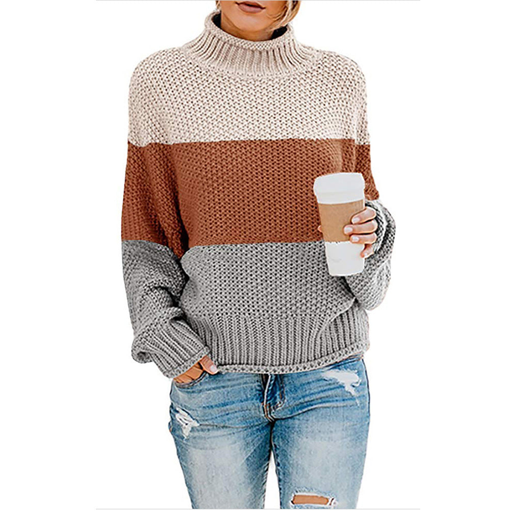 Thick line color matching high neck pullover