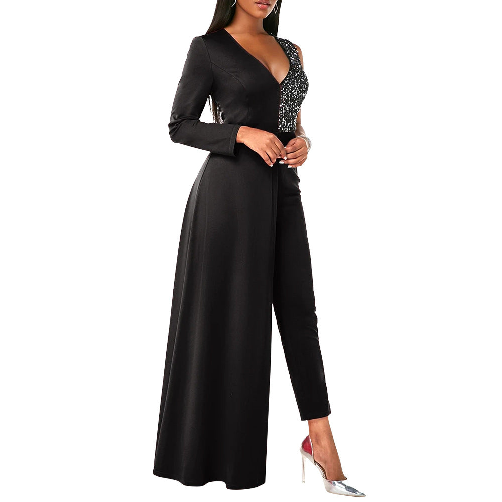 V-neck Sequin Covered Hip Plus Size Jumpsuit