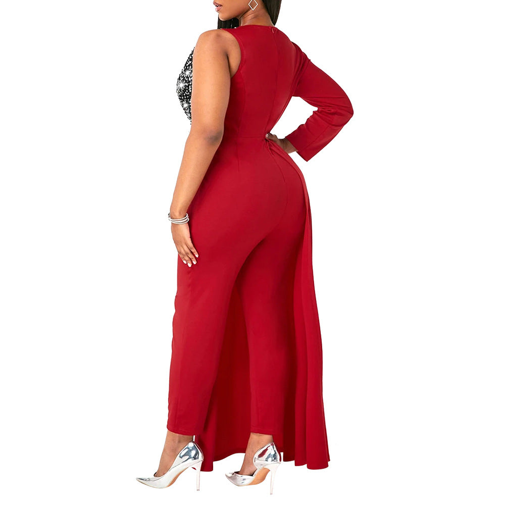 V-neck Sequin Covered Hip Plus Size Jumpsuit