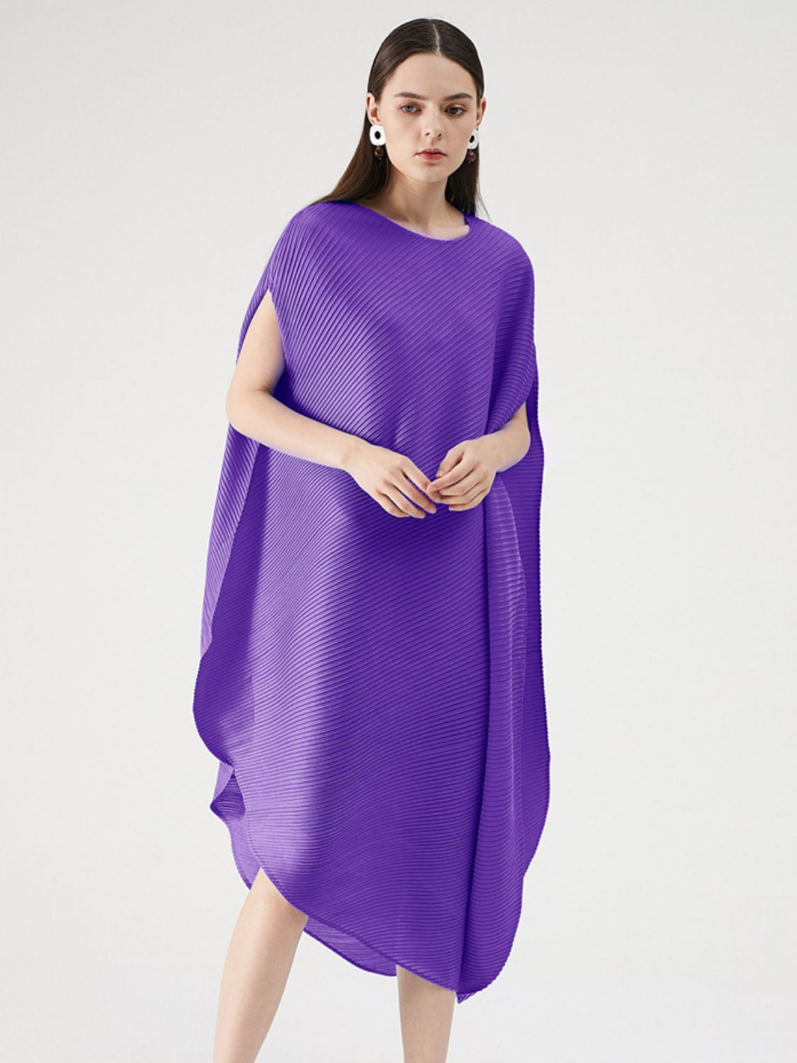 Accordion Pleated Round Neck Asymmetrical Hem Dress