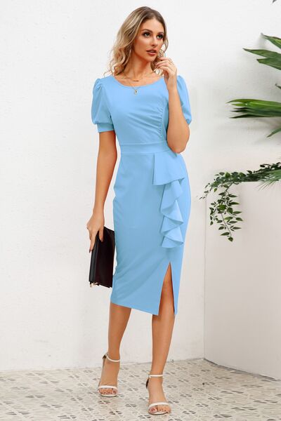 Slit Ruffled Puff Sleeve Midi Dress