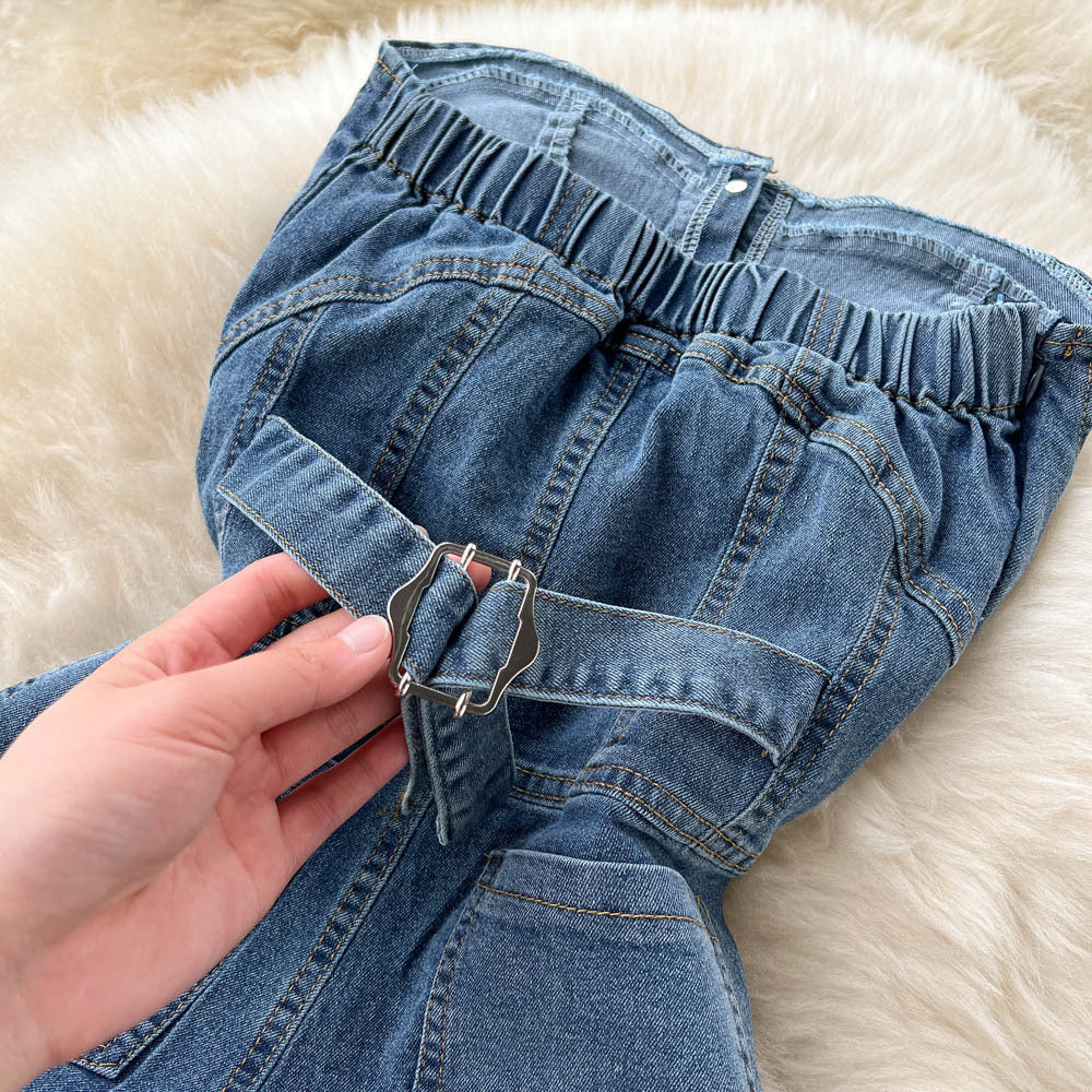 Hot Girl High Waist Denim Tube Top One Piece Wide Leg Pants Women Spring And Summer