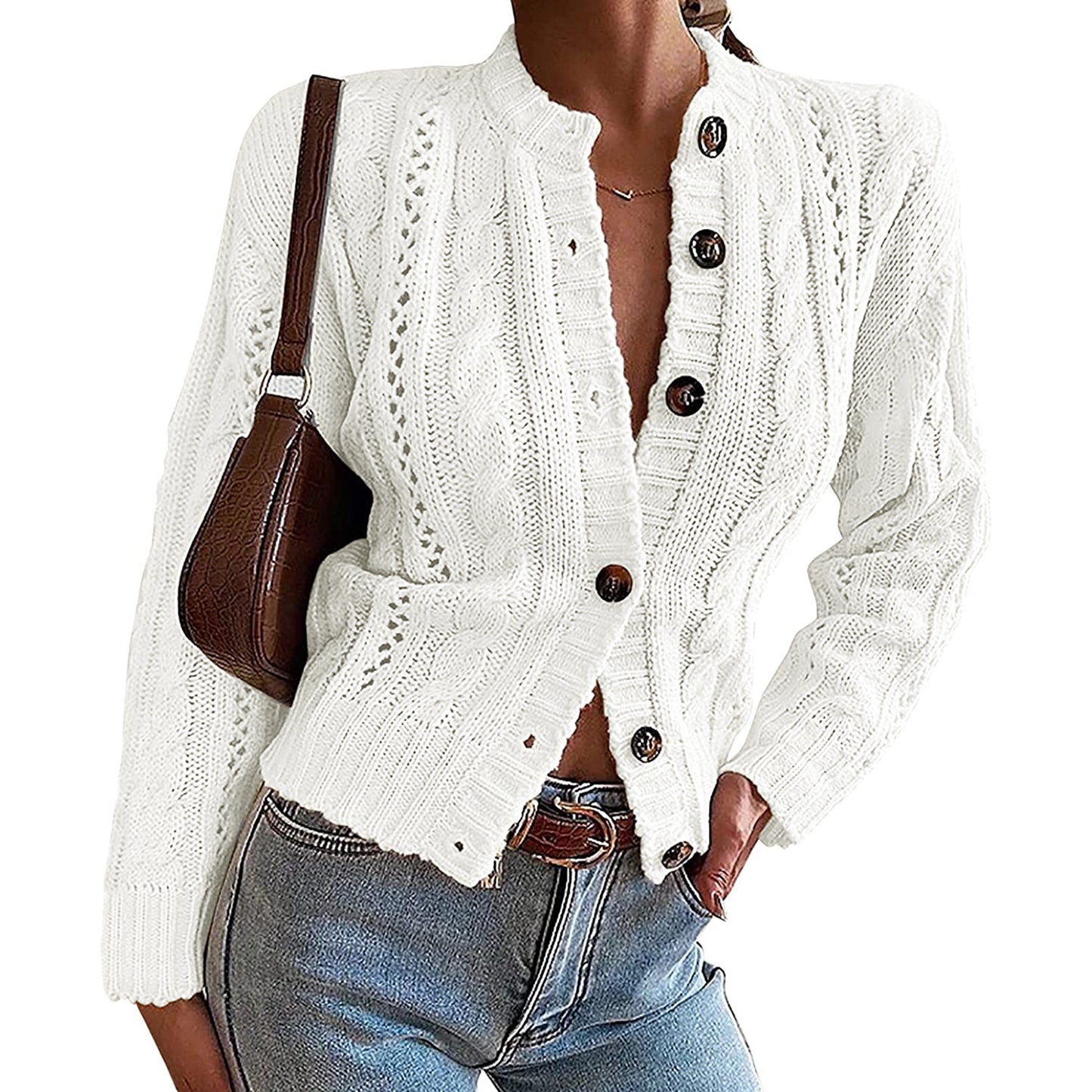 Half-High Collar Single-Breasted Sweater Coat Solid Color Long-Sleeved Cardigan Retro Cardigan Sweater