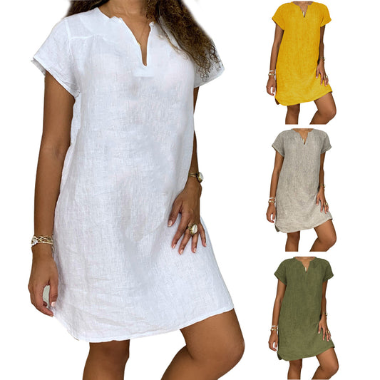 Summer Loose Solid Color Short-sleeved Collar Cotton And Linen Pullover Dress Women's Clothing