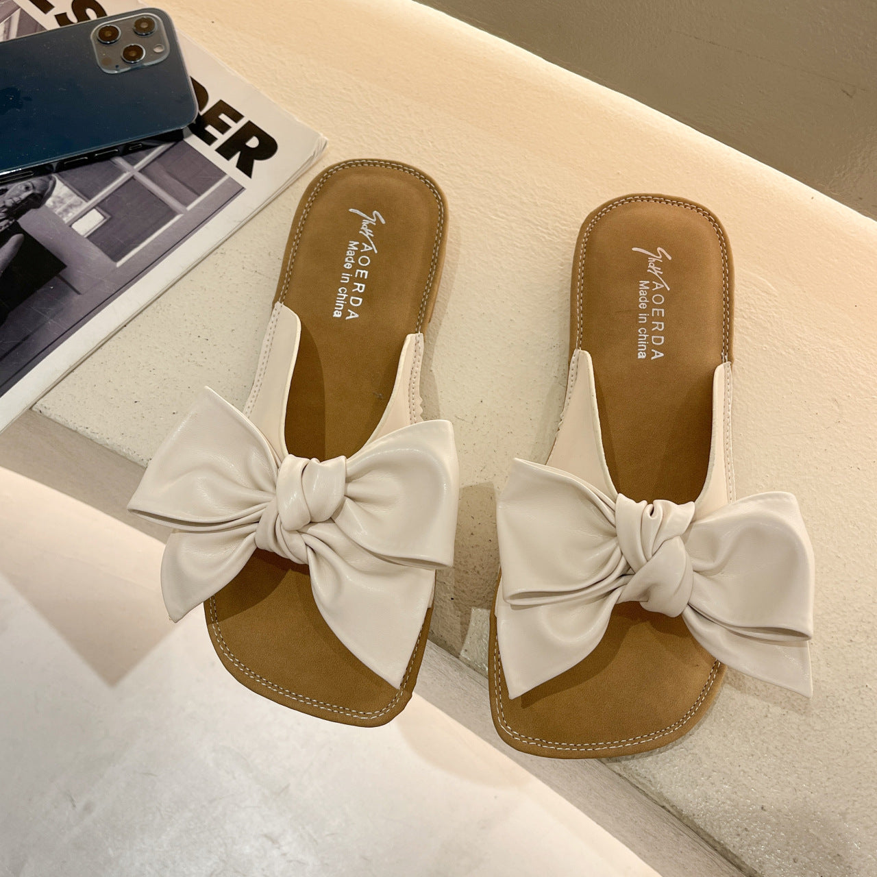 Outer Wear Women's Soft Bottom One Word Bow Slippers