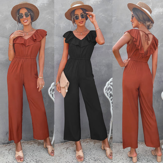 European And American Women's Solid Color Open Back Jumpsuit Summer Off Shoulder Casual Sundress Women Beachwear Jumpsuit Ruffle High Waist Jumpsuits Female Overalls Body Mujer - 4KsApparels