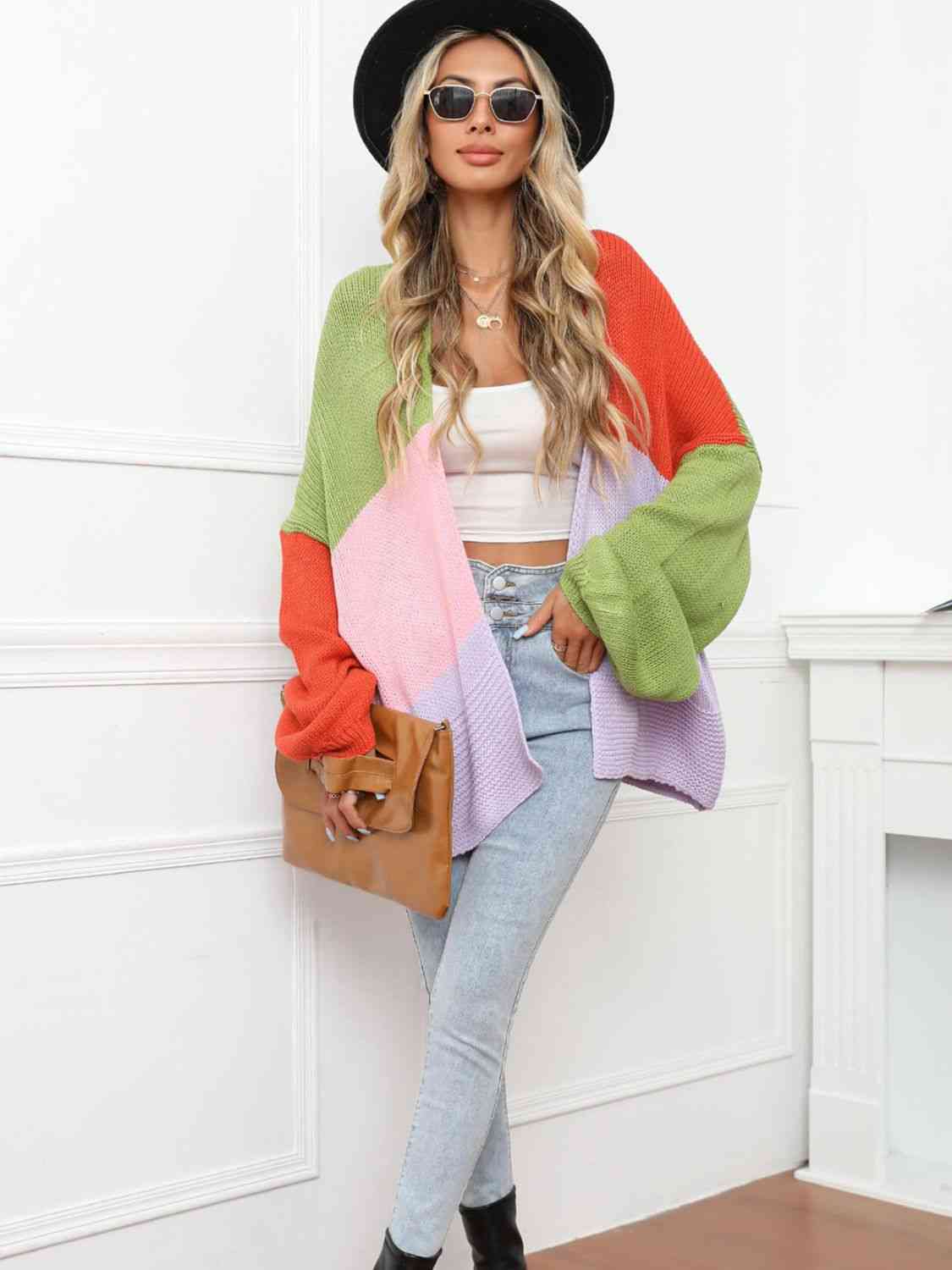 Color Block Open Front Balloon Sleeve Longline Cardigan