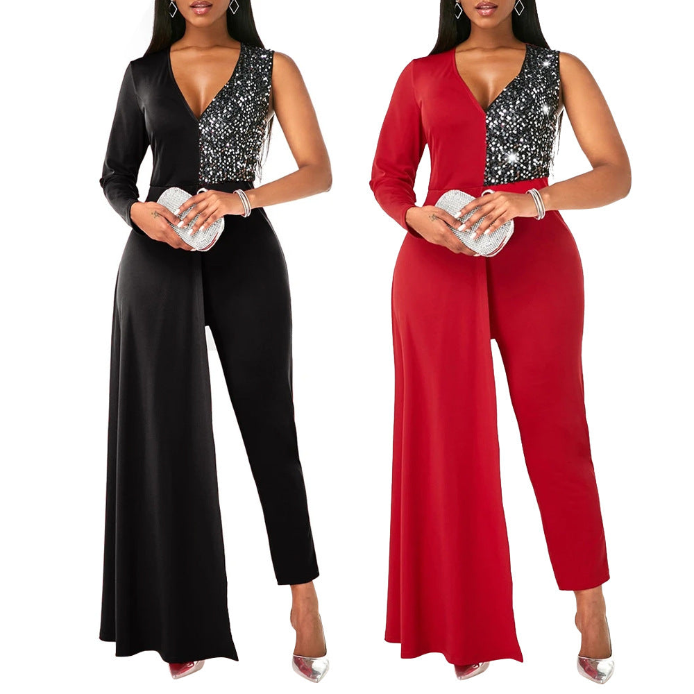 V-neck Sequin Covered Hip Plus Size Jumpsuit