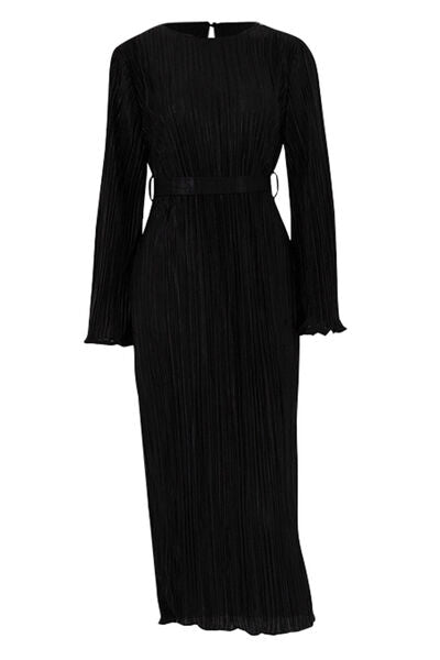 Textured Tied Round Neck Long Sleeve Dress